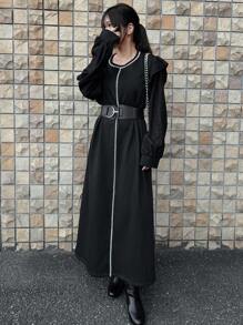 FRIFUL Women Ruffle Hem Color Block Midi Dress,Fall Dress - Black - View 4