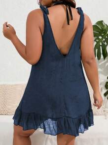 Swim Lushoire Summer Beach Plus Ruffle Hem Tie Shoulder Cover Up Dress - Navy Blue - View 2