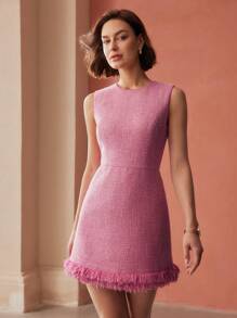 MOTF PREMIUM TWEED FRINGE HEM DRESS - Pink - View 6