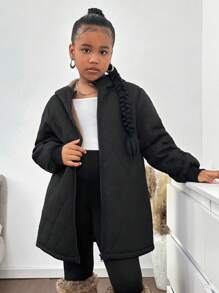 Tween Girl 绗缝钻石图案加垫保暖连帽中长款厚夹克，休闲外套