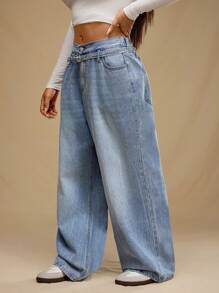 Forever 21 大码女式时尚休闲中腰洗水男友风牛仔裤 - 藍色 - 查看 3