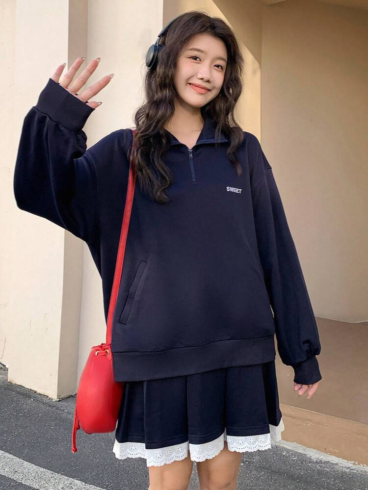 2pcs/Set Women's Valentine's Day Letter Embroidered Sweatshirt And Mini Skirt Fall,Winter