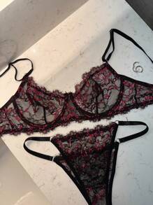 DAZY Sheer Lace Wireless Push-Up Bra And Thong Lingerie Set - Black - View 3