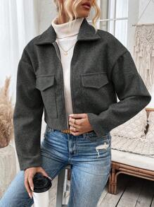 Calvaya Solid Loose Drop Shoulder Notched Collar Flap Pocket Zipper Coat Fall Winter Cloth For Women - Dark Grey - View 6