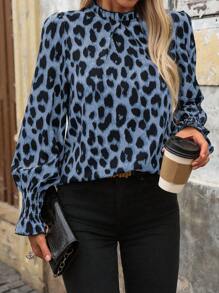 SHEIN Clasi Women's Leopard Print Frill Trim Long Sleeve Casual Shirt - Blue - View 5