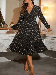 SHEIN Clasi Damen V-Ausschnitt Laternärmel Polka Punkt Muster Gold Folie elegantes midi-langes Maxikleid Damen Outfit Herbstkleidung für Frauen