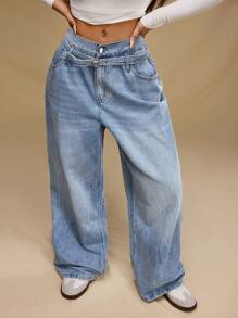 Forever 21 大码女式时尚休闲中腰洗水男友风牛仔裤 - 藍色 - 查看 5