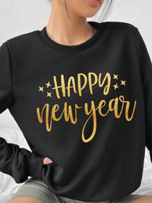 SHEIN Essnce Áo nỉ nữ cổ tròn tay dài in họa tiết tối giản giản dị, dáng rộng, thu đông - màu đen - Xem 5