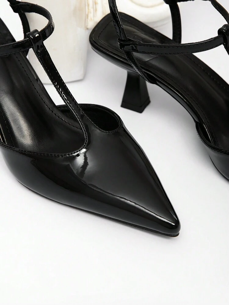CUCCOO CHICEST Women's Black Patent Leather Pointed Toe Slim Stiletto Heel T-Strap Design Elegant Work Pumps