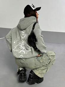 SHEIN Unity Women's Long Sleeve Print Minimalist Hooded Sweatshirt, Casual Everyday Wear Pullover Fall Outfit - Grey - View 4