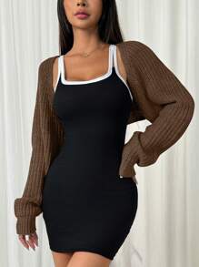 SHEIN EZwear 女式黑色休闲单件罗纹针织蝙蝠袖耸肩开衫、长袖上衣 - 棕色 - 查看 4