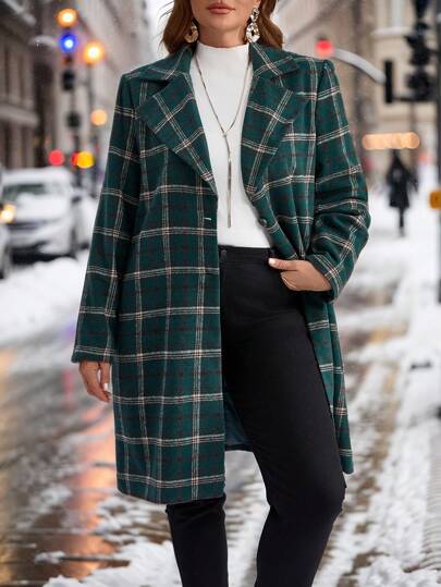 EMERY ROSE Plus Size Christmas Clothes Women Plaid Collar Overcoat, Casual, Winter Coat Women