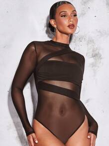 SHEIN BAE Bộ đồ liền thân gợi cảm màu trơn cổ đứng tay dài lưới tương phản cho nữ - Cà phê nâu - Xem 6