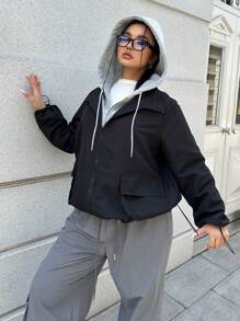 Flirla Hooded Casual Collegiate Style Minimalist Windbreaker Jacket - Black and White - View 7