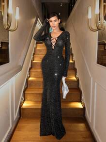 SHEIN SXY Sexy V-Neck Hollow Out Extra Long Flounced Sleeve Black Lace Long Dress, Suitable For Autumn & Winter