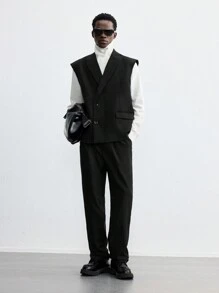 Ontre 男士春季黑色羊毛宽松宽肩带双排扣休闲西装背心，适合聚会和新年