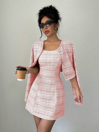 Selianne 2pcs Women Vintage Plaid Front Button Jacket And Dress Set, For Autumn For New Year Clothes Fall Cloth For Women