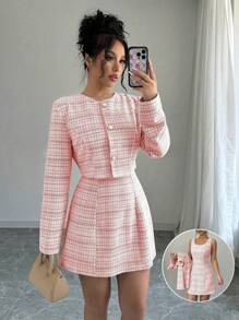 Selianne 2pcs Women Vintage Plaid Front Button Jacket And Dress Set, For Autumn For New Year Clothes Fall Cloth For Women - Pink - View 5