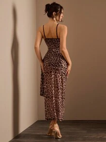 Glamine Sexy Elegant Lace & Leopard Print Asymmetric Waist See-Through Fish Bone Crinkle Detail One-Sided Strap Long Dress For Women Maxi Women Outfit