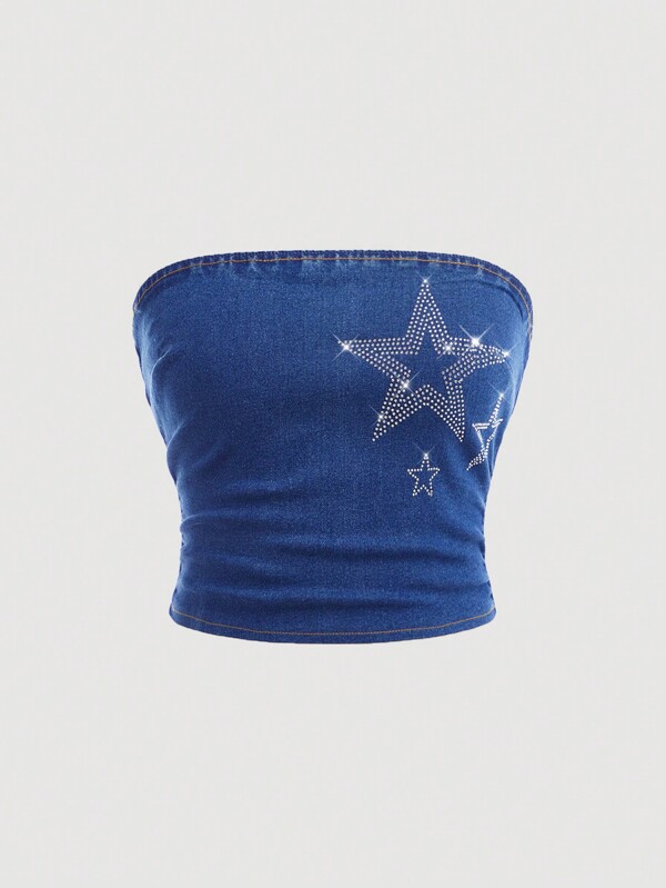 SHEIN Top de tirantes de mezclilla azul con decoración de estrellas de rhinestone para adolescentes