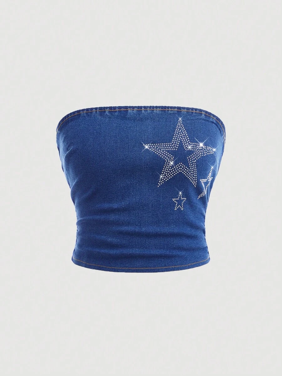 SHEIN Teen Girl Rhinestone Star Decor Blue Denim Camisole Top