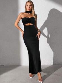 Glamine Váy Bandeau xoắn Slinky đen gợi cảm cho nữ, trang phục dự tiệc Giáng sinh - màu đen - Xem 1