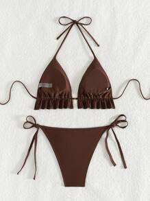 Swim Lushoire 2pcs/Set Women Beach Vacation Solid Color Ruffled Hem Halter Tie Sexy Bikini Summer - Brown - View 7
