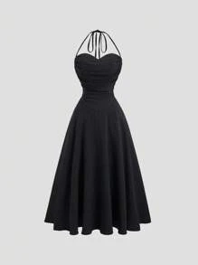 Sweetra Women's Autumn/Winter Elegant Ruched Dress, Grey Striped Halter Neck Backless Sexy Minimalist Long Dress Maxi Women Outfit - Grey - View 1