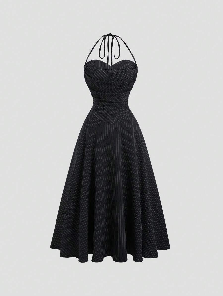 Sweetra Women's Autumn/Winter Elegant Ruched Dress, Grey Striped Halter Neck Backless Sexy Minimalist Long Dress Maxi Women Outfit - Grey - View 1