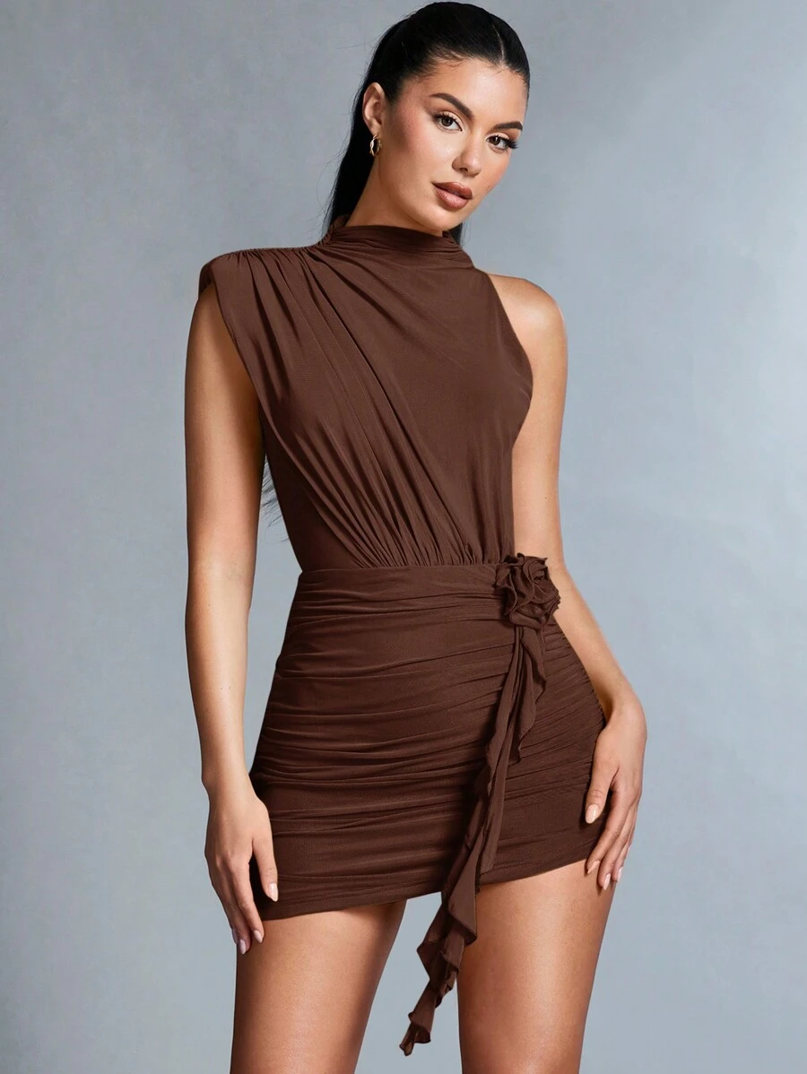 SHEIN BAE Ladies Solid Color Collar 3D Floral Decor Pleated Mini Fashionable Dress - Coffee Brown - View 1