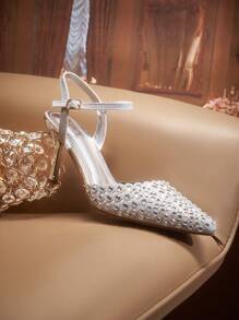 CUCCOO TILAWA Women's Pointed Toe Rhinestone Decor Ankle Strap Stilettos High Heels, Sexy Closed Toe Dress Party Wedding Formal Pumps Spring Shoes Spring Break Easter Prom Heels - Silver - View 1