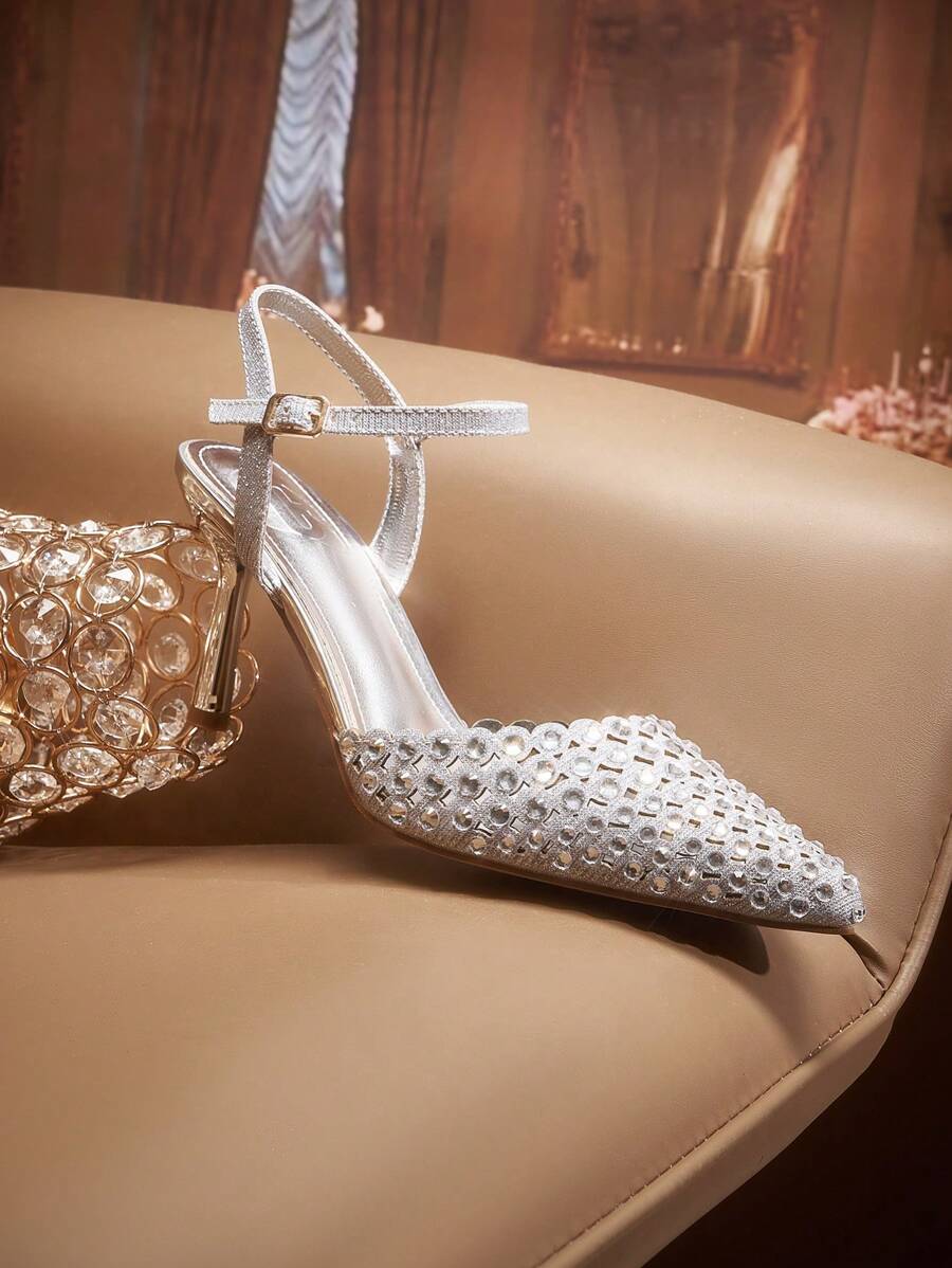 CUCCOO TILAWA Women's Pointed Toe Rhinestone Decor Ankle Strap Stilettos High Heels, Sexy Closed Toe Dress Party Wedding Formal Pumps Spring Shoes Spring Break Easter Prom Heels - Silver - View 1