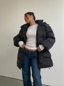Aloruh 女士时尚厚连帽棉质中长外套，黑色 - 黑色 - 查看 5