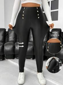 SHEIN Privé Plus Size Women's Black Elegant Chic Sexy Casual Outdoor Street Style Party Versatile Black PU Thermal Lined Metal Button Decor Slit Leggings For Autumn/Winter - Black - View 1