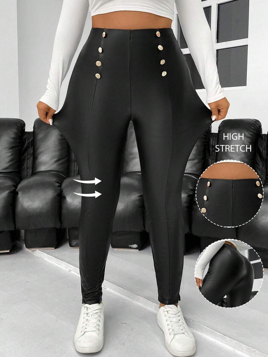 SHEIN Privé Plus Size Women's Black Elegant Chic Sexy Casual Outdoor Street Style Party Versatile Black PU Thermal Lined Metal Button Decor Slit Leggings For Autumn/Winter - Black - View 1