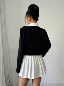 Elenzga Conjunto de chaqueta de manga larga de solapa única elegante y falda midi plisada para mujer