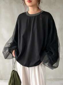 FRIFUL Women's Mesh Contrast Loose Batwing Sleeve Round Neck T-Shirt,Fall Clothes