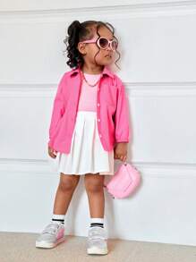 SHEIN Set de 3 piezas para bebé niña: Camiseta rosa linda, falda plisada cintura elástica y camisa, para primavera/verano