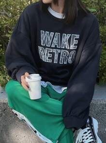 FRIFUL Women's Round Neck Long Sleeve Letter Print Casual Sweatshirt,Fall Clothes - Navy Blue - View 1