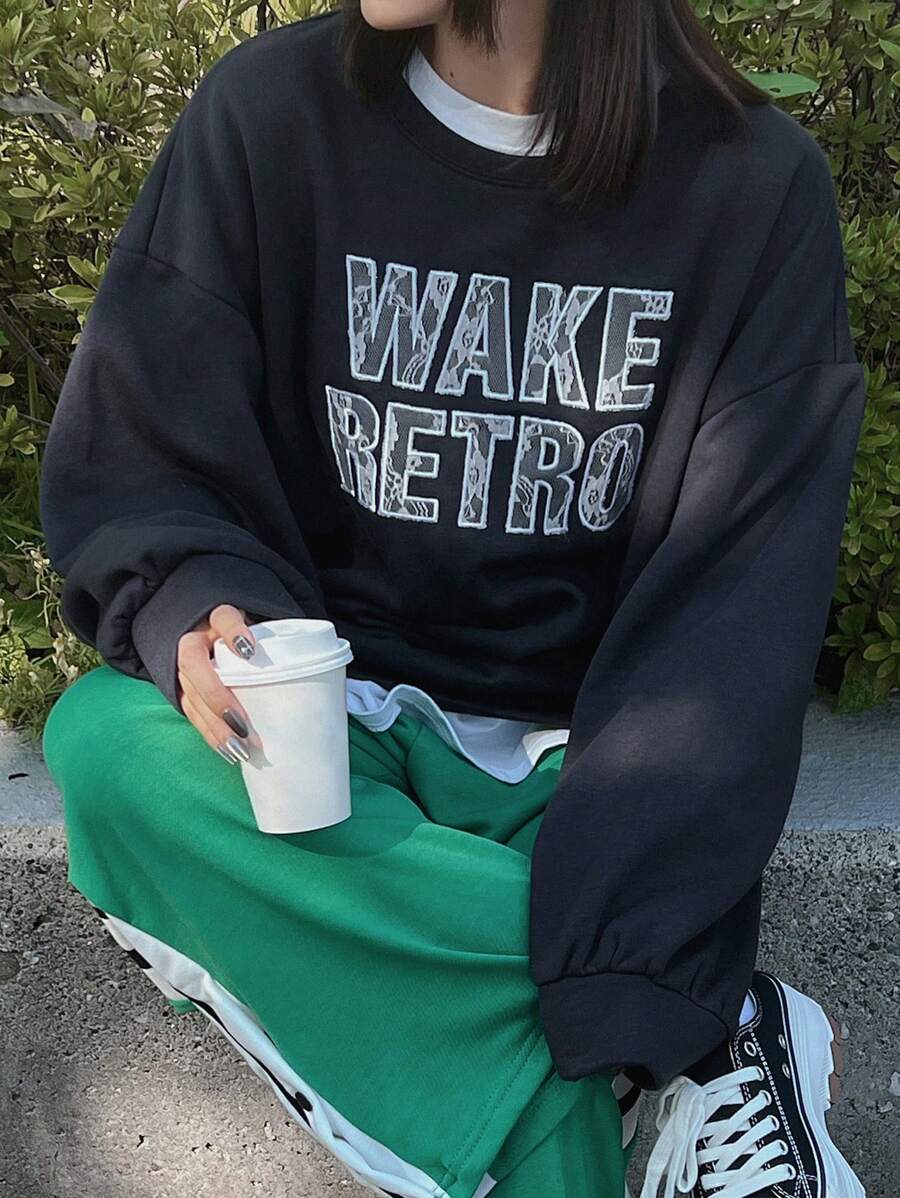 FRIFUL Women's Round Neck Long Sleeve Letter Print Casual Sweatshirt,Fall Clothes - Navy Blue - View 1