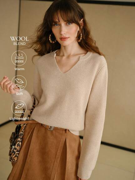 MOTF STUDIO WOOL SOLID NOTCH NECK RIBBED KNIT SWEATER