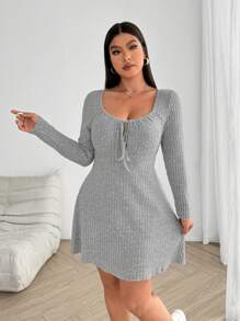 Flirla 大码女式系带长袖宽松高弹简约优雅约会聚会派对连衣裙 - 灰色 - 查看 4
