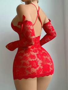 SHEIN Bộ 4 món bao gồm váy ngủ ren Babydoll, quần lọt khe và găng tay trang trí nơ, bộ đồ lót Valentine đi chơi, phong cách Baddie - Đỏ - Xem 2