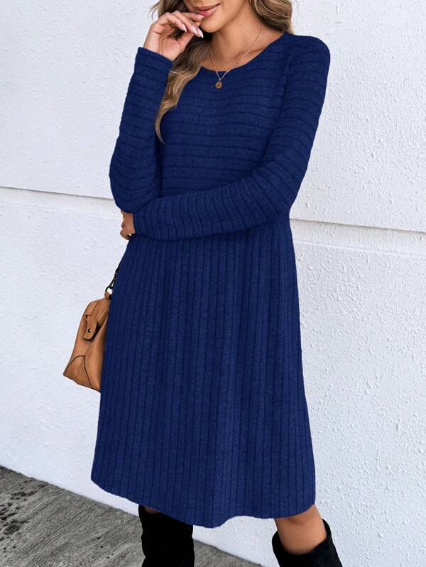 EMERY ROSE Women's Ribbed Solid Color Crew Neck Long Sleeve Short Casual Dress Fall Women Clothes Blue Sweater Dress