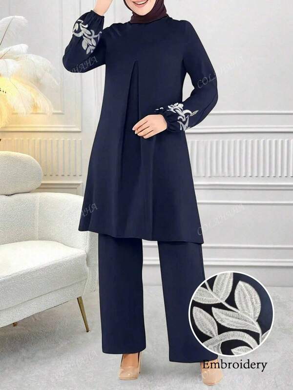 Women's Plant Graphic Long Sleeve Top And Pants Arabic Style Outfit, Modest