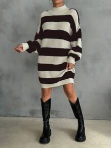 EURMUSE Women Drop Shoulder Sweater Dress With Striped Pattern - Brown - View 3