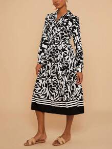 Travachic Bloemenprint Lange Mouw Voorkant Zak Shirt Jurk Voor Vrouwen, Midi Lengte