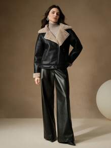 Anewsta Veste femme en PU noir et col  de lapin