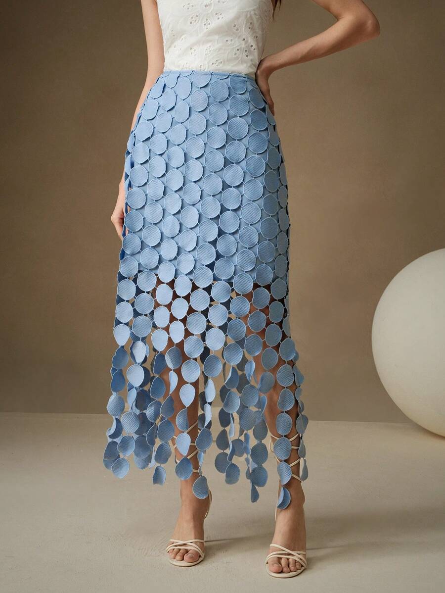 Anewsta Laser Cut Multi Circle Double Layered Skirt Maxi - Blue - View 1