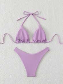 SHEIN Swim Bộ đồ bơi bikini buộc dây lưng màu trơn cho nữ mùa hè - Màu tím - Xem 2